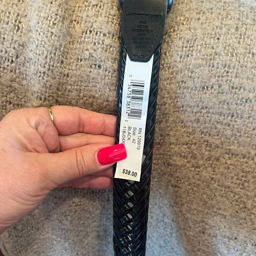 NWT Men's Leather Trim Black Belt, Silver Buckle, Braided Look, Size 42